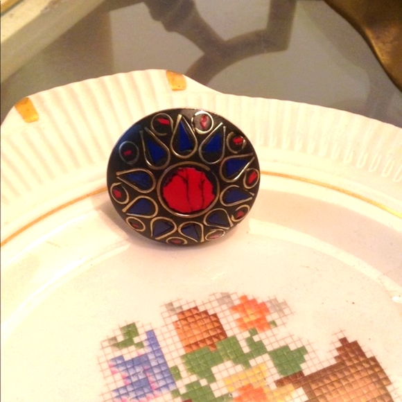 Tribal Polished Lapis Stone Statement Ring - Vintage - Picture 2 of 5